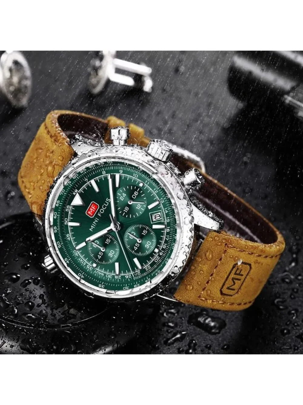 Men's Brown Green Chronograph Waterproof Sport Military Analog Quartz Wristwatch